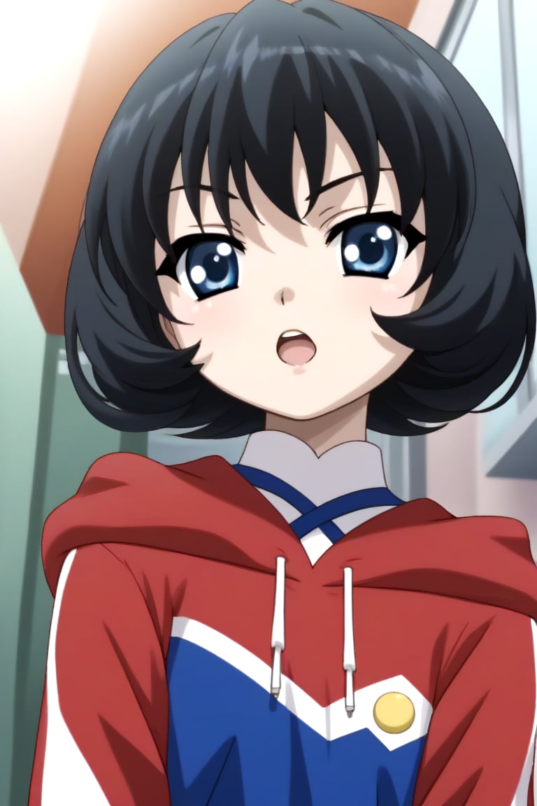 HD, 8k, highres, mantialiasing, Highly detailed, High Quality, masterpiece, beautiful, source_anime, 
BREAK 1girl, solo, (young woman, 16 years old), Uzuki Li, short hair, blue eyes, serious look, Open mouth,
BREAK hoodie, skirt, red hoodie, long skirt, blue skirt, thighhgihs,
BREAK looking at viewer,  focus face, front_view, from_below,