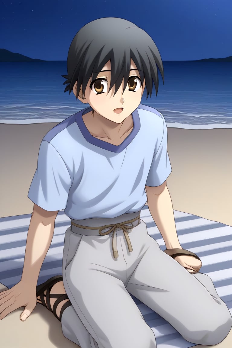 HD, 8k, highres, mantialiasing, Highly detailed, High Quality, masterpiece, beautiful, source_anime, 
BREAK 1boy, solo, young male, Makoto Itou, black hair, hair between eyes, brown eyes, 
BREAK light blue shirt, grey pants, sandals,
BREAK inside beach, oceanic, Night,
BREAK looking at viewer, (Focus waist:1.5), on front, full_body, Open mouth, from_front_position, voyeur, sitting, 