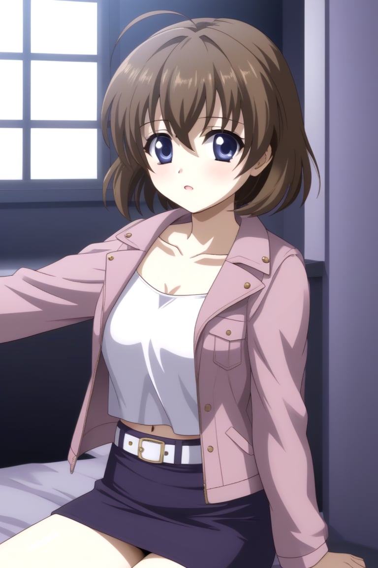 HD, 8k, highres, mantialiasing, Highly detailed, High Quality, masterpiece, beautiful, source_anime, 
BREAK 1Girl, young woman, 16 years old, Sekai Saionji, brown hair, blue eyes, ahoge, short hair, 
BREAK pink jacket, Open jacket, (white mini blouse:1.2), belt, exposed navel,  dress skirt, (purple pencil skirt), collarbone, 
BREAK insiste bedroom, Windows, dark environment,
BREAK looking at viewer, Focus waist, 