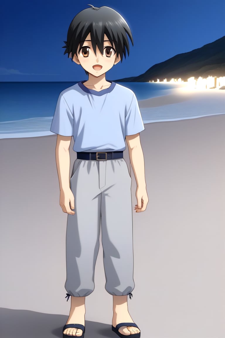 HD, 8k, highres, mantialiasing, Highly detailed, High Quality, masterpiece, beautiful, source_anime, 
BREAK 1boy, solo, young male, Makoto Itou, black hair, hair between eyes, brown eyes, 
BREAK light blue shirt, grey pants, sandals,
BREAK inside beach, oceanic, Night,
BREAK looking at viewer, (Focus waist:1.5), on front, Open mouth, from_front_position, voyeur, cowboy_shot, dutch_angle,standing