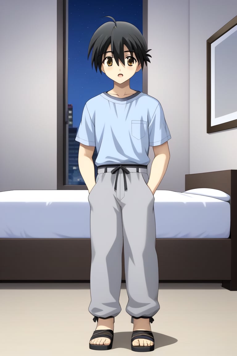 HD, 8k, highres, mantialiasing, Highly detailed, High Quality, masterpiece, beautiful, source_anime, 
BREAK 1boy, solo, young male, Makoto Itou, black hair, hair between eyes, brown eyes, 
BREAK pants, sandals, light blue shirt, hands in pockets, grey pants,
BREAK inside bedroom, Windows, Night,
BREAK looking at viewer, (Focus waist:1.5), on front, full_body, Open mouth, from_front_position, voyeur,