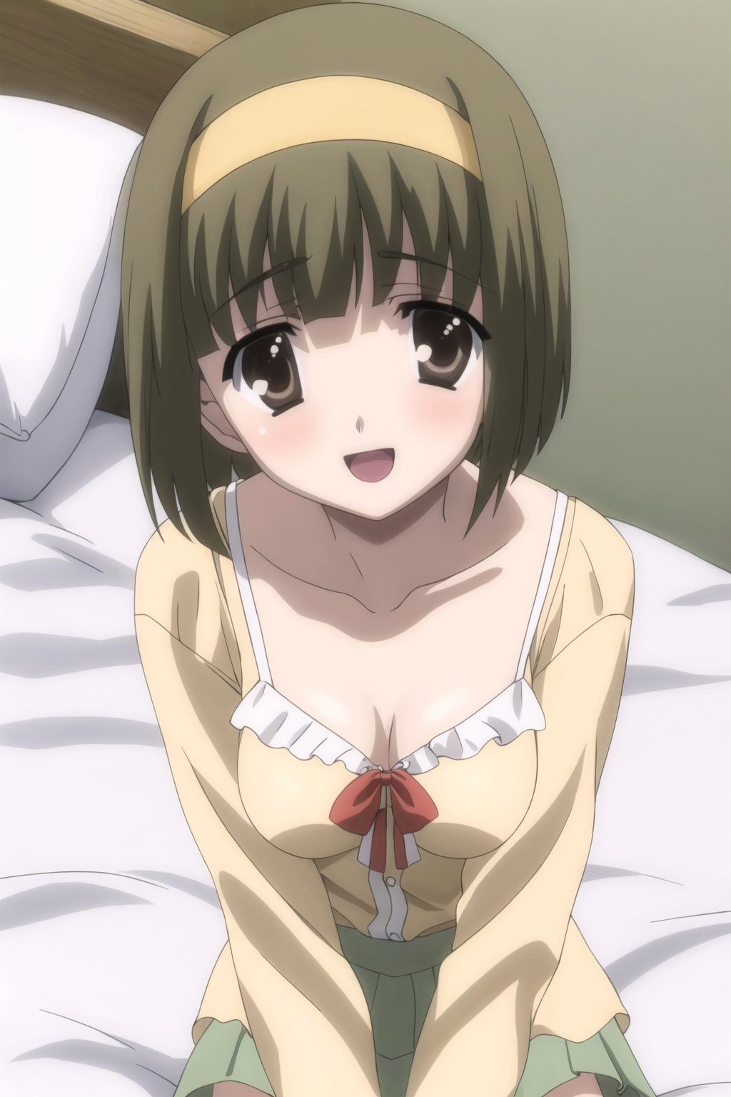  Simple backgrounds, bedroom, 
BREAK KazuhaNijouFutabaNijou, bangs, brown hair, brown eyes, small hair, 
BREAK  (yellow hairband), (green blouse:1.5), (neckline:1.2), long sleeves, yellow skirt, (medium breast), 
BREAK looking_at_viewer, lying in bed, :d,  mouth_open, Focus down, schooldays,