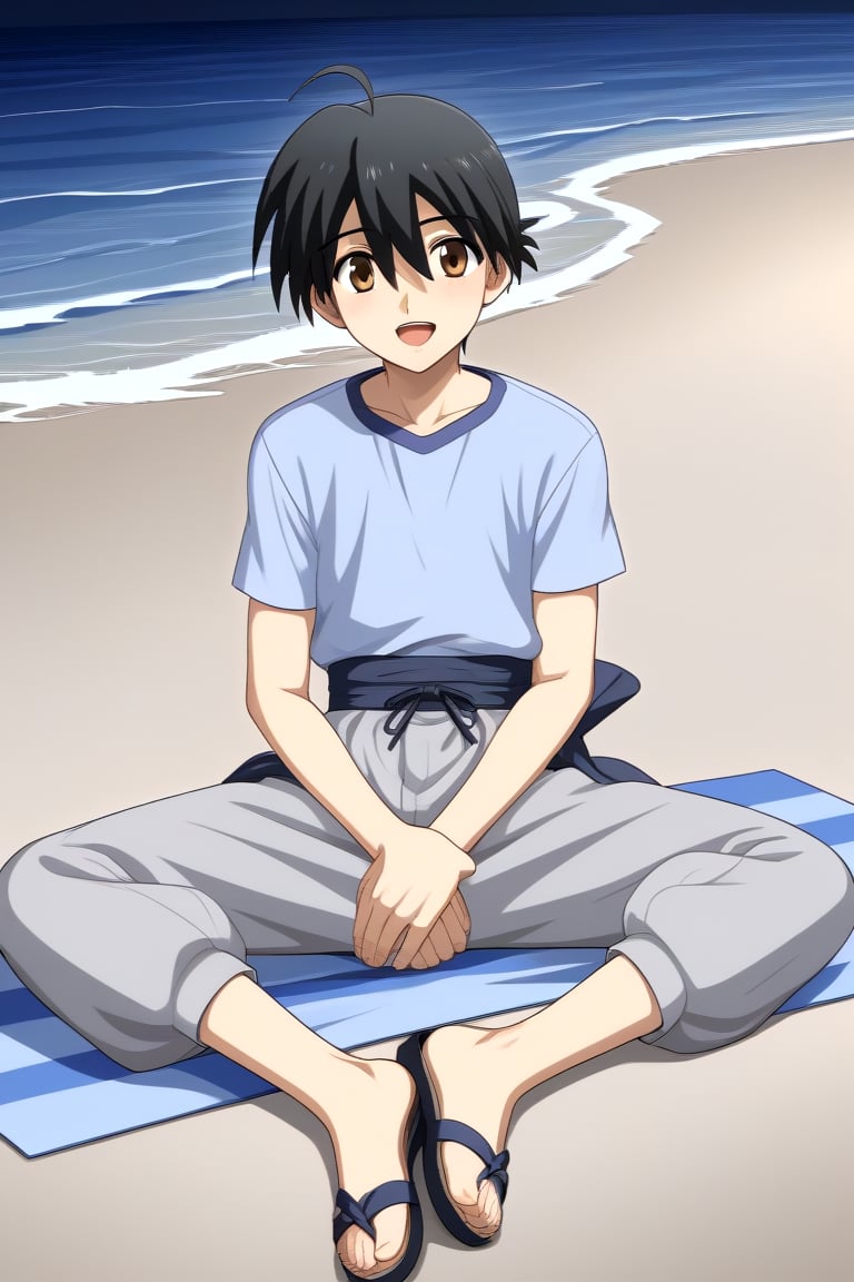 HD, 8k, highres, mantialiasing, Highly detailed, High Quality, masterpiece, beautiful, source_anime, 
BREAK 1boy, solo, young male, Makoto Itou, black hair, hair between eyes, brown eyes, 
BREAK light blue shirt, grey pants, sandals,
BREAK inside beach, oceanic, Night,
BREAK looking at viewer, (Focus waist:1.5), on front, full_body, Open mouth, from_front_position, voyeur, sitting, 