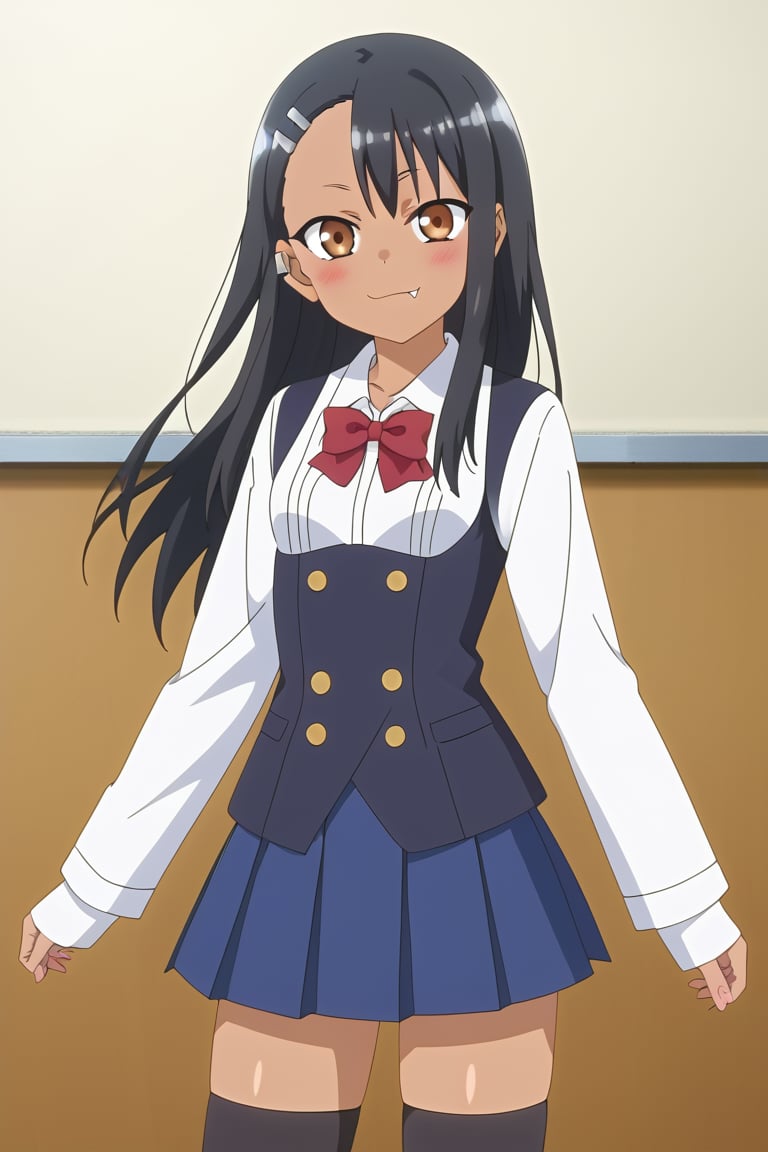 Highly detailed, High Quality, masterpiece, beautiful, 1girl, solo, hayase nagatoro, long hair, bangs, black hair, hair ornament, brown eyes, hairclip, fang, dark skin, dark-skinned female, school uniform, shirt, shirt sleeves, long sleeves, white sleeves, bow, pleated skirt, ((waist_coat)), black vest coat, thighhighs, black thighhighs, zettai ryouiki, front_view, 