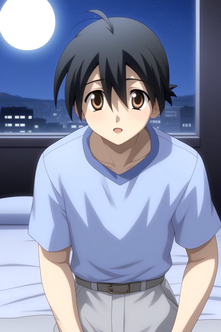 HD, 8k, highres, mantialiasing, Highly detailed, High Quality, masterpiece, beautiful, source_anime, 
BREAK 1boy, solo, young male, Makoto Itou, black hair, hair between eyes, brown eyes, 
BREAK light blue shirt, hands in pockets, grey pants,
BREAK inside bedroom, Windows, Night,
BREAK looking at viewer, (Focus waist:1.5), on front, full_body, Open mouth, from_front_position, voyeur, sitting,