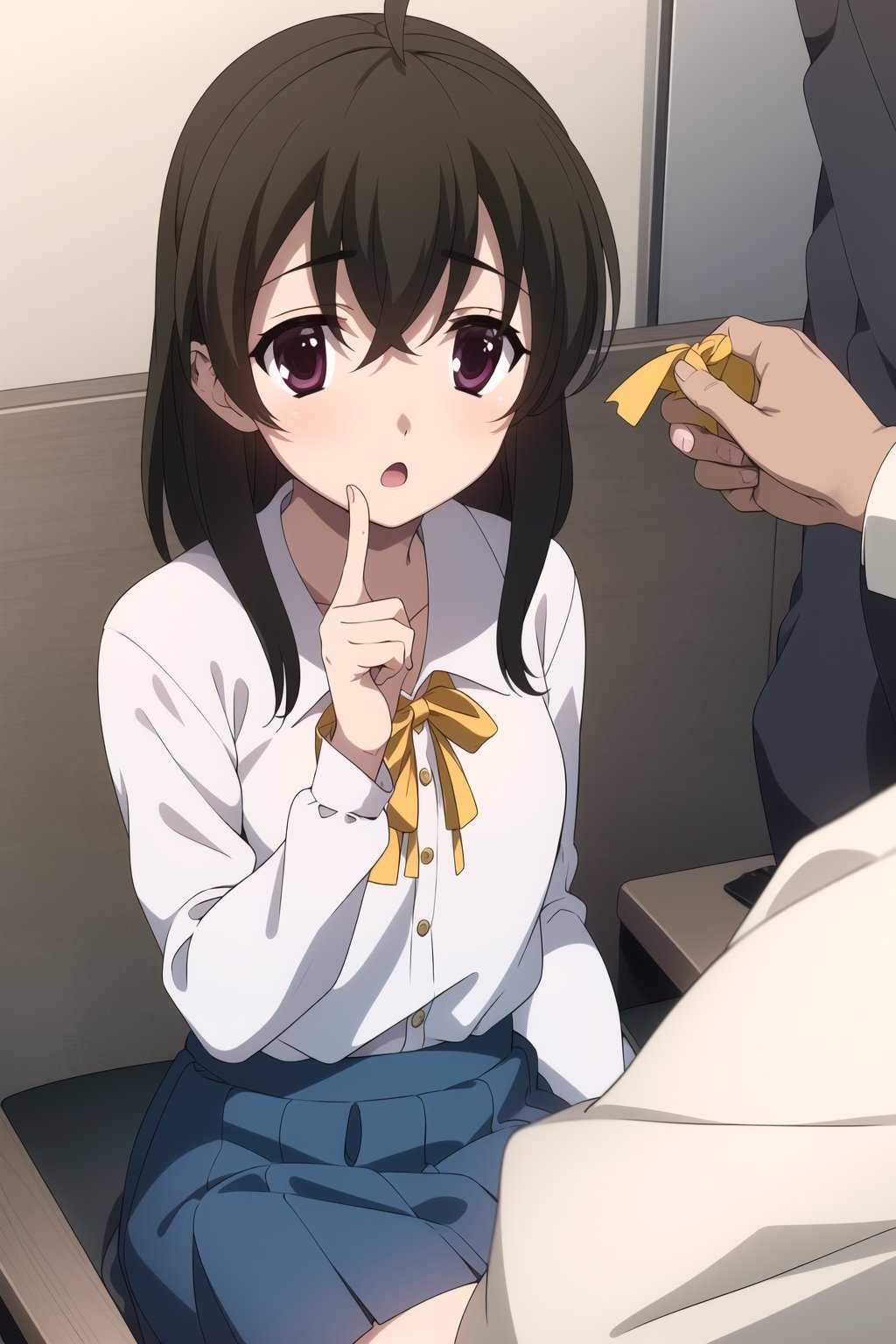 Highly detailed, High Quality, Masterpiece, beautiful,
BREAK 1girl, female solo, (young_female), (16 old), sekai saionji, brown hair, Brown eyes, ahoge, (open_mouth, :o),
BREAK (haruhi_srf), (white long sleeves shirt and blue collar, blue skirt, yellow ribbon:1.5), detailed fingers, 5 fingers,
BREAK (Focus waist:1.5), looking_at_viewer, schooldays, (sitting_down),