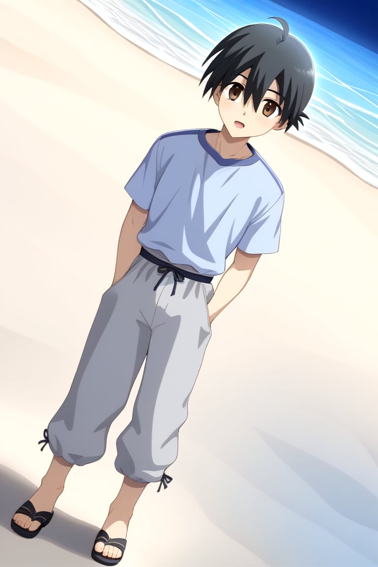 HD, 8k, highres, mantialiasing, Highly detailed, High Quality, masterpiece, beautiful, source_anime, 
BREAK 1boy, solo, young male, Makoto Itou, black hair, hair between eyes, brown eyes, 
BREAK light blue shirt, grey pants, sandals,
BREAK inside beach, oceanic, Night,
BREAK looking at viewer, (Focus waist:1.5), on front, Open mouth, from_front_position, voyeur, cowboy_shot, dutch_angle,standing