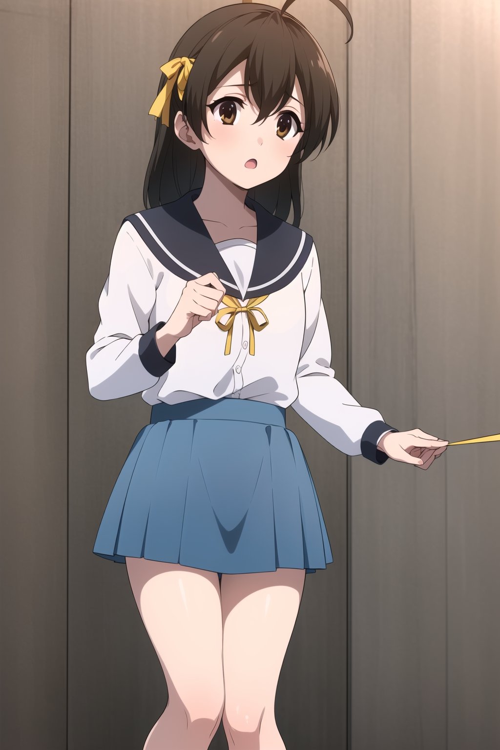 Highly detailed, High Quality, Masterpiece, beautiful,
BREAK 1girl, female solo, (young_female), (16 old), sekai saionji, brown hair, Brown eyes, ahoge, (open_mouth, :o),
BREAK (haruhi_srf), (white long sleeves shirt and blue collar, blue skirt, yellow ribbon:1.5), detailed fingers, 5 fingers,
BREAK (Focus waist:1.5), looking_at_viewer, schooldays, standing, 