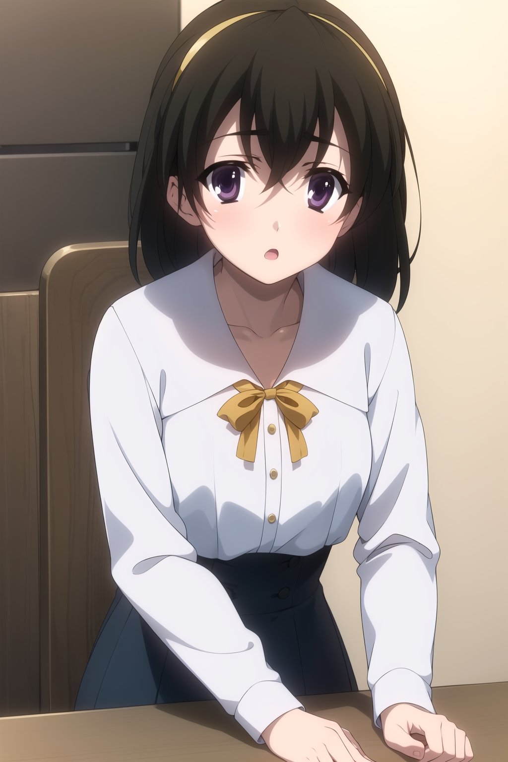 Highly detailed, High Quality, Masterpiece, beautiful,
BREAK (bedroom),
BREAK 1girl, (female solo), (young_female), (16 old), Black_long_hair, (black_eyes), bangs, (open_mouth, :o),
BREAK (haruhi_srf), (white long sleeves shirt and blue collar, yellow ribbon:1.5), 
BREAK schooldays, 