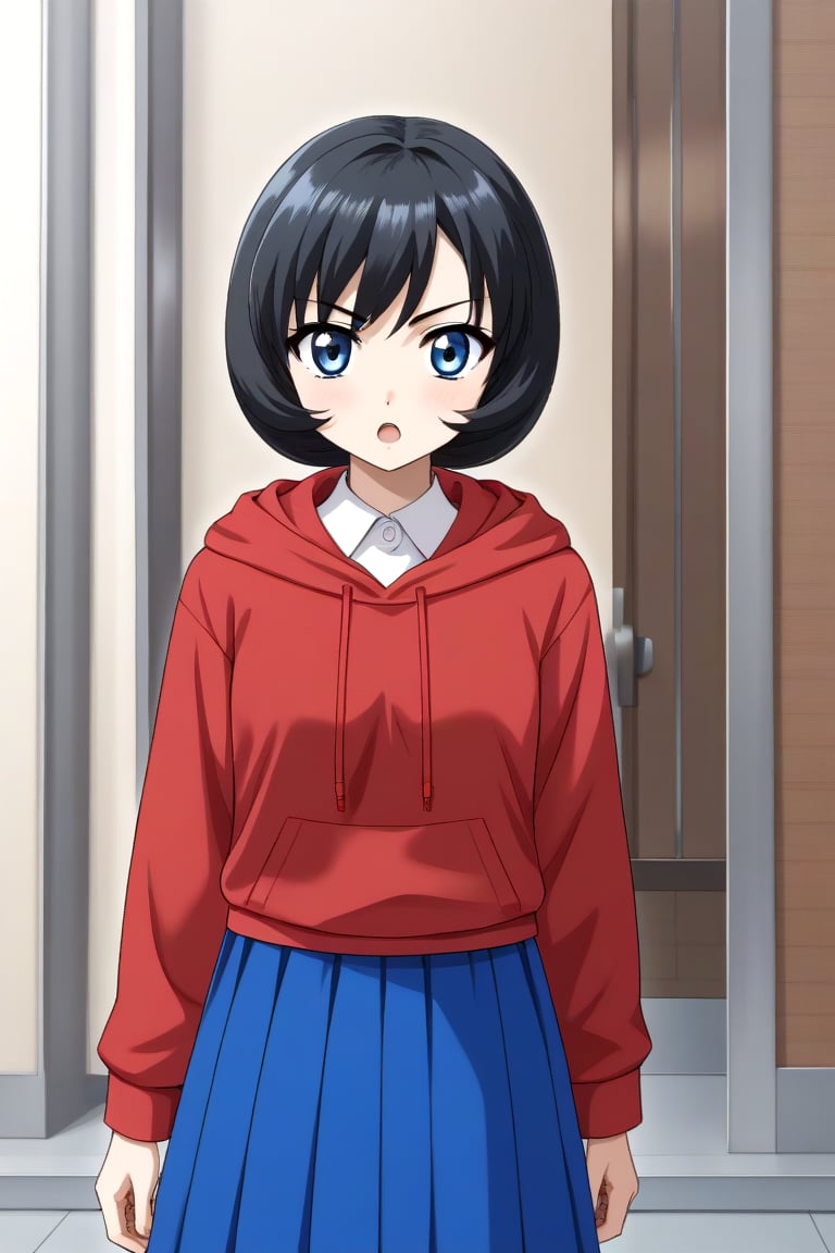 HD, 8k, highres, mantialiasing, Highly detailed, High Quality, masterpiece, beautiful, source_anime, 
BREAK 1girl, solo, (young woman, 16 years old), Uzuki Li, short hair, blue eyes, serious look, Open mouth,
BREAK hoodie, skirt, red hoodie, long skirt, blue skirt
BREAK looking at viewer,  focus face, front_view,