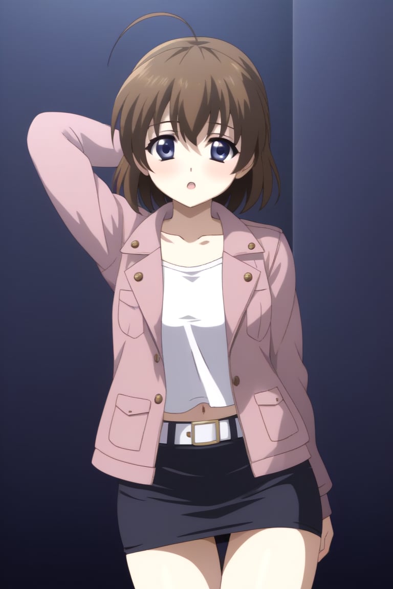 HD, 8k, highres, mantialiasing, Highly detailed, High Quality, masterpiece, beautiful, source_anime, 
BREAK 1Girl, young woman, 16 years old, Sekai Saionji, brown hair, blue eyes, ahoge, short hair, 
BREAK pink jacket, Open jacket, (white mini blouse), belt, navel, (pencil skirt), collarbone
BREAK insiste bedroom, Windows, dark environment,
BREAK looking at viewer, Focus waist, 