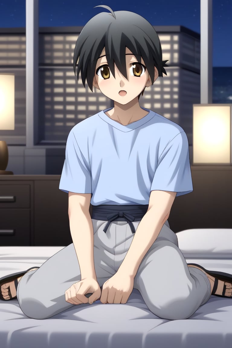 HD, 8k, highres, mantialiasing, Highly detailed, High Quality, masterpiece, beautiful, source_anime, 
BREAK 1boy, solo, young male, Makoto Itou, black hair, hair between eyes, brown eyes, 
BREAK light blue shirt, grey pants, sandals,
BREAK inside bedroom, Windows, Night,
BREAK looking at viewer, (Focus waist:1.5), on front, full_body, Open mouth, from_front_position, voyeur, sitting, 