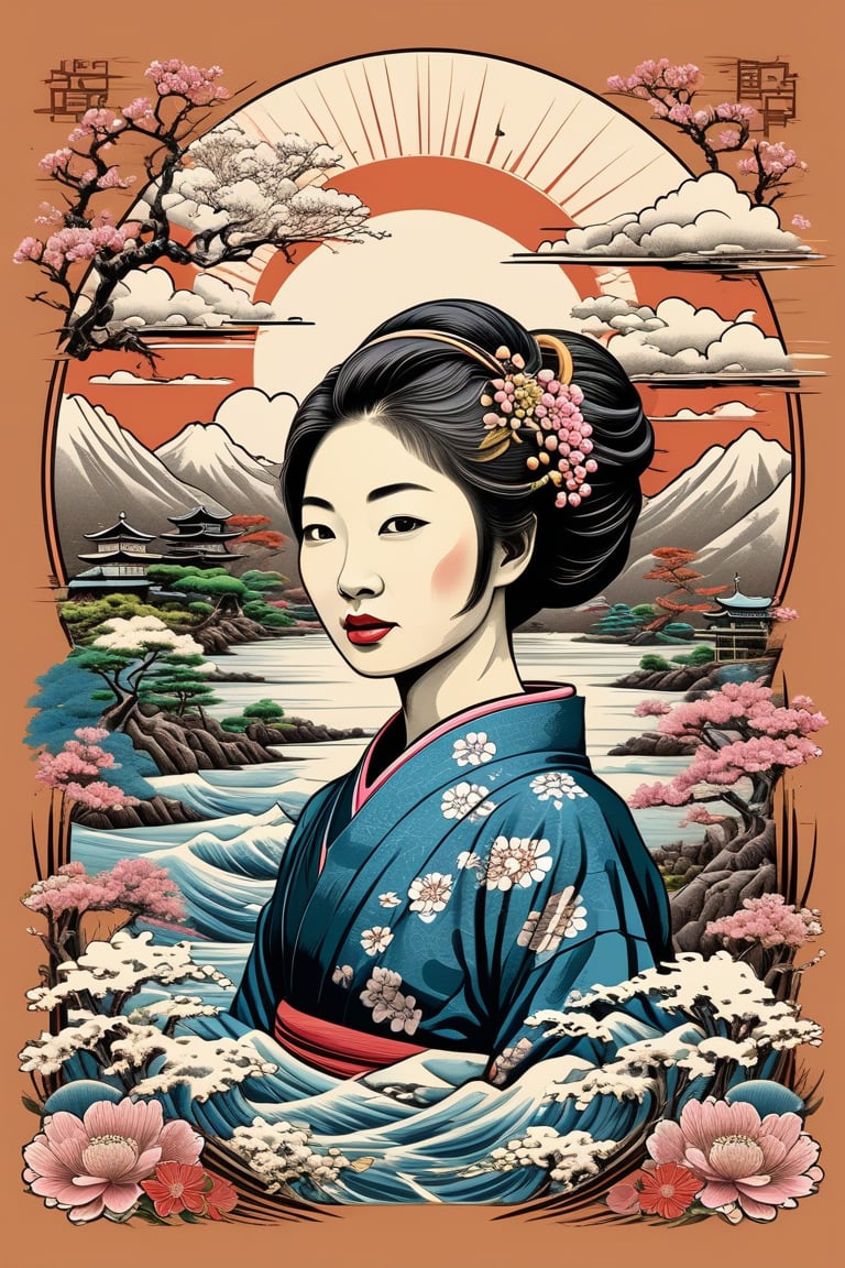 3d, stamped embossed, fillagree, realistic, pretty, lovely,landscap art retro,Japanese woman, old vintage stamp, ink punk,dinamic,ink art , comic book, cartoon,colors, sketch, tiny detailed, masterpiece, artstation trends, sharp focus, ,bold high quality, intricate details,vector style for t-shirt,ultra detailed, high resolution,chan-wong,more detail XL