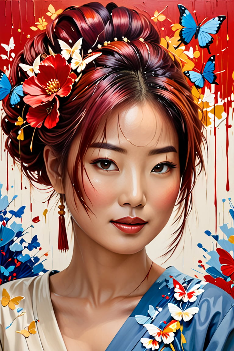 Portrait in vibrant impasto technique, Japanese woman with updo of vibrant red hair, locked in a captivating gaze with the viewer, surrounded by whimsical splashes transitioning from paint to delicate the petals of blooming flowers to fluttering butterflies, against a cream canvas backdrop infusing whispers of blue and red, oozing with dynamic textures, exuding kinetic energy in a blend of styles reminiscent of William Oxer,chan-wong