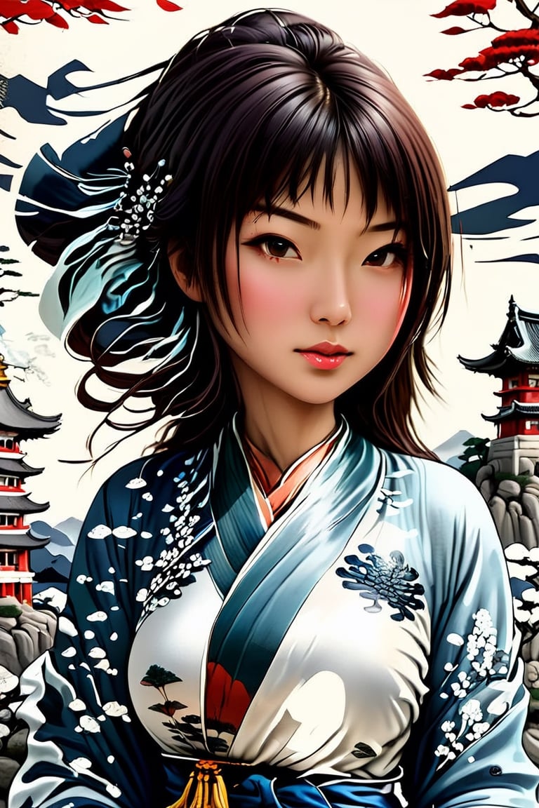 Textures,caligraphic line art japanese woman and temple ink color style ,Comic book,cartoon,intricate details,sharp focus,3d, high resolution,chans,wong-chans,chan-wong