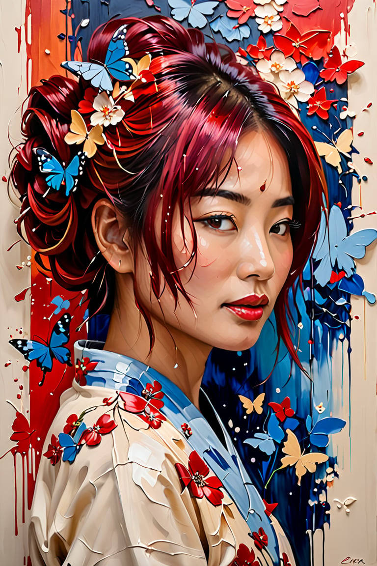 Portrait in vibrant impasto technique, Japanese woman with updo of vibrant red hair, locked in a captivating gaze with the viewer, surrounded by whimsical splashes transitioning from paint to delicate the petals of blooming flowers to fluttering butterflies, against a cream canvas backdrop infusing whispers of blue and red, oozing with dynamic textures, exuding kinetic energy in a blend of styles reminiscent of William Oxer,chan-wong