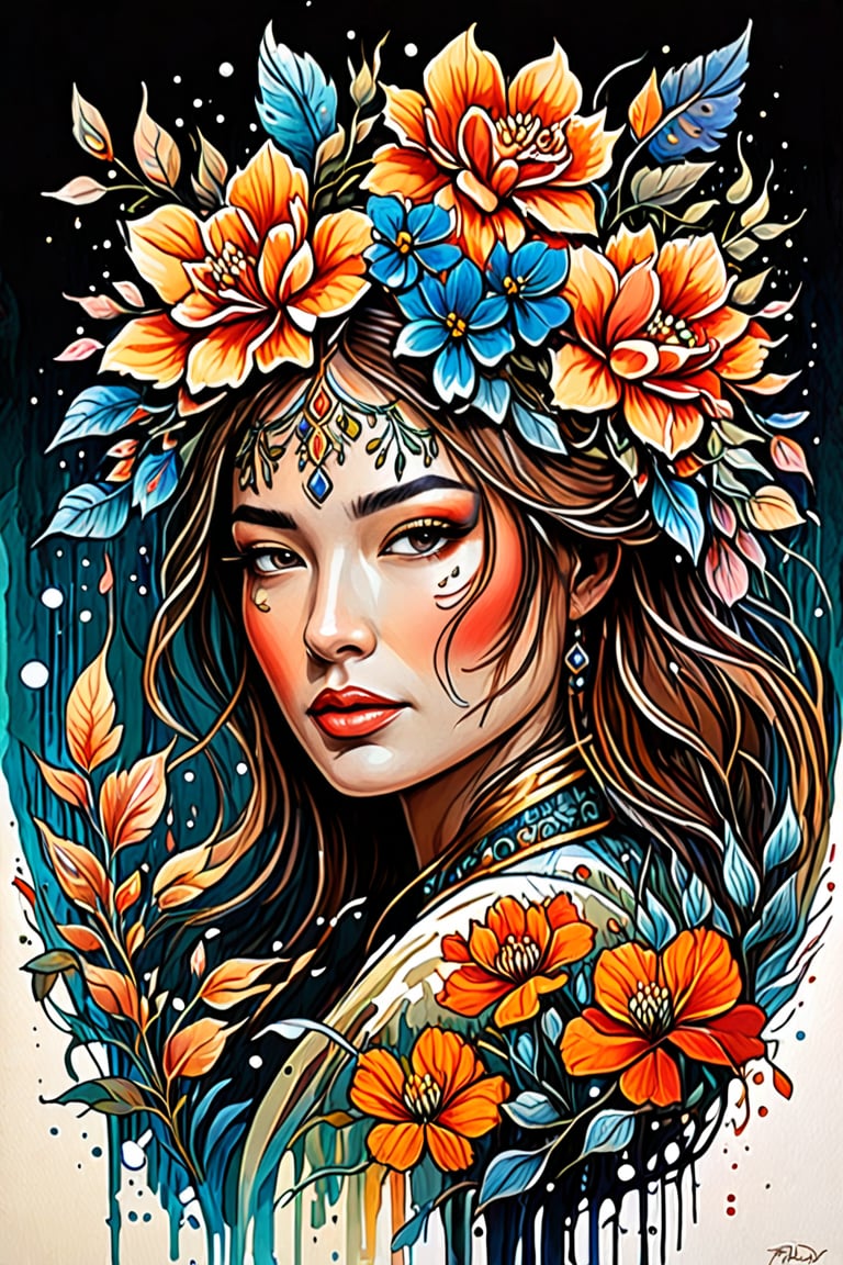 Perfect face, gouache, ink, line sketch, Fauvism style, Dan Mumford, Andy Kehoe, Luis Royo. Vintage, flowers,  graceful features, delicate, exquisite workmanship