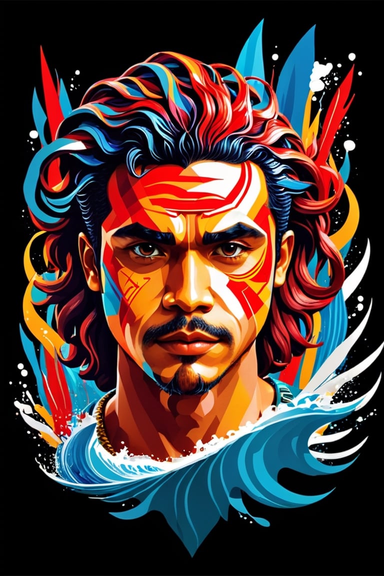 a Indonesia man  poster as at Aquaman  movie, symetrical, vector illustration, Leonardo Style,tshirt design,oni style, color splash, inkstrike (splatoon), ribbons, vibrant, full figure, ((upper body)),wongapril