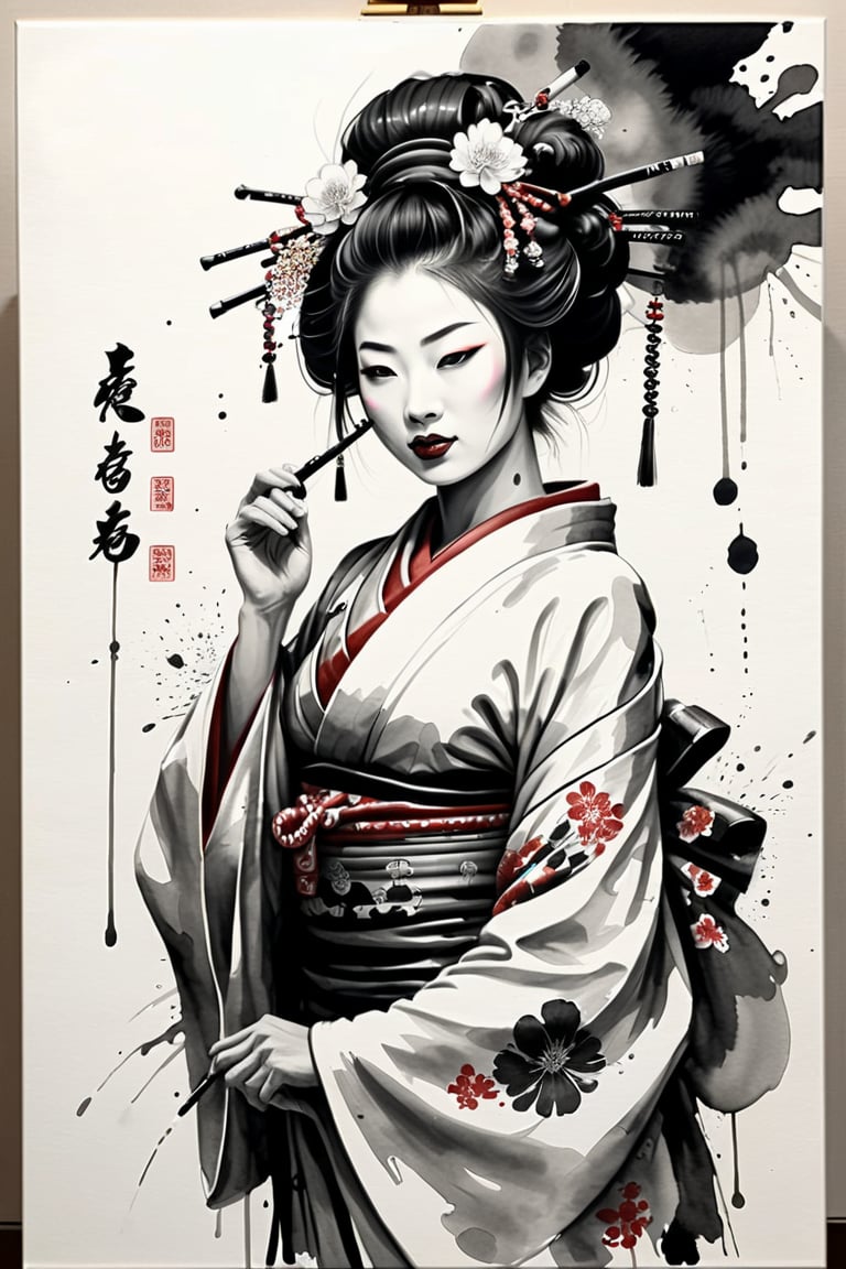 Sumi-e style,Ink and ink painting,Black and white painting,splash,Nikole man,Oiran,kodew,chan-wong