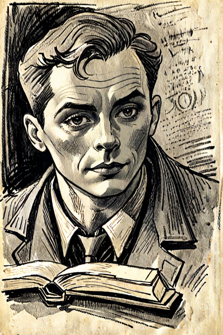 Sketch of Detective Inspector, featuring a man, captivating gaze, clutching a book, only upper body visible, subtle shading to suggest a chiseled jawline, heroic stature,mismatched pages, charcoal, noir style, story-packed eyes, under sharp overcast lighting,  sketchbook aesthetic, grayscale, soft texture, expressive line work, monochrome with hues of gray, pen-drawn detail