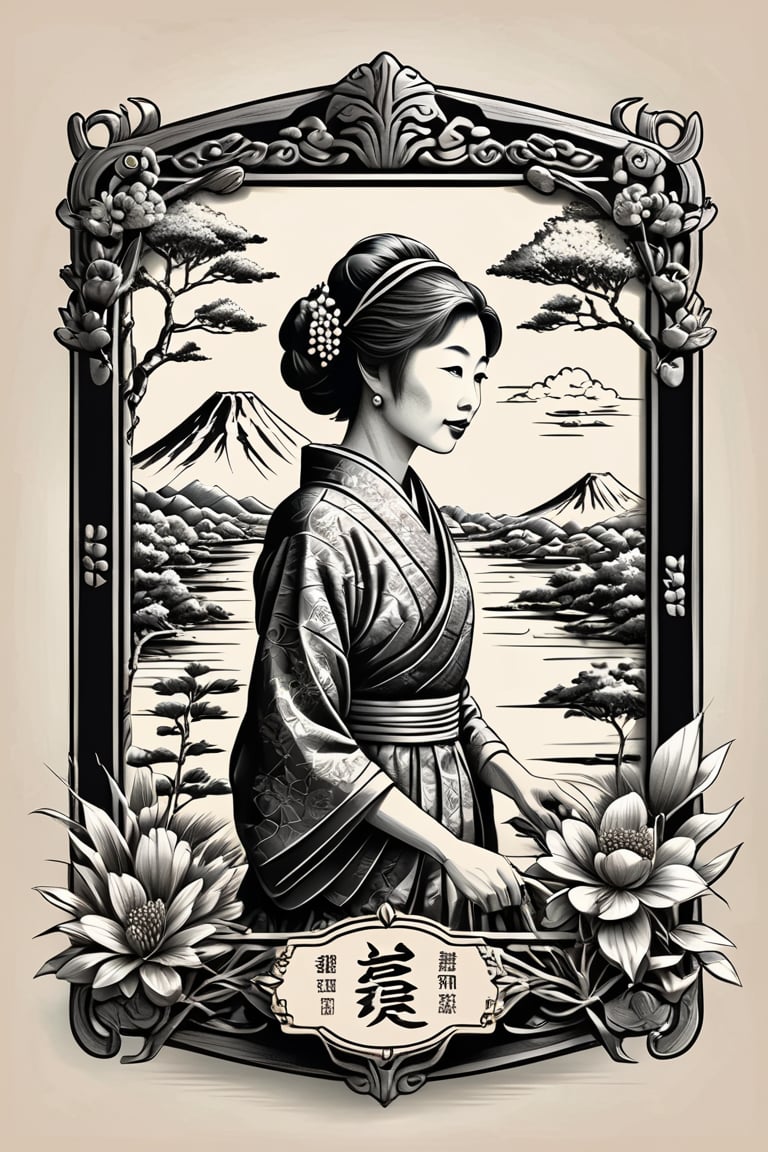 stamp frame,monochrome,sephia,3d, stamped embossed, fillagree, realistic, pretty, lovely,landscap art retro,Japanese woman, old vintage stamp, ink punk,dinamic,ink art , comic book, cartoon,colors, sketch, tiny detailed, masterpiece, artstation trends, sharp focus, ,bold high quality, intricate details,vector style for t-shirt,ultra detailed, high resolution,chan-wong,more detail XL