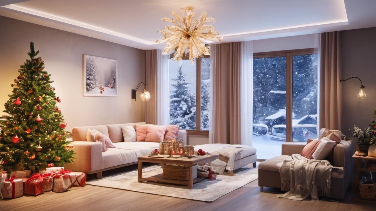 (Hyper-realistic, hight resolution), (Best Quality:1.4), Raw photo, (Realistic, Photo realsitic:1.37), Professional Photography, lovely living room decorated with Christmas decorations, extremely detailed, rosy cheeks, happiness, christmas spirit, There is a lot of snow outside the window, night, cozy,indochine bedroom interior,Nature