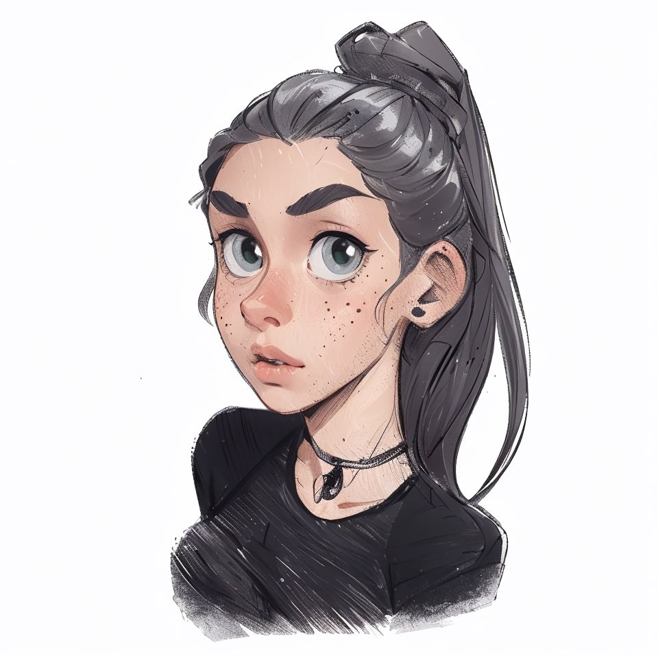 1girl, (caucasian skin), (( 20 years old)), portrait 3/4, dark greengrey eyes, grey hair, European and American cartoon,( hand drawing:1.2) ,DRAWING,cartoon,anime