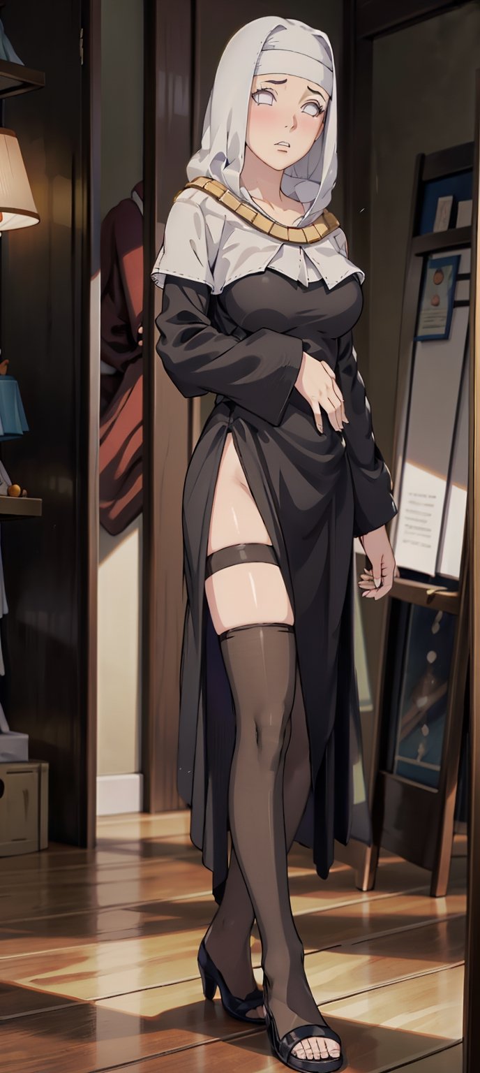 Beautiful girl, hair between her eyes, natural blush, lined eyes, perfect body, big breasts.

nun costume, black pantyhose, big breasts, black lips, walking, in a room, looking at viewer, (poster of women in background: 1.2), bright sunlight, hands on waist: 1.5, embarrassed expression, embarrassed , ankle strap high heels,hinata(boruto),High detailed , With cinematic lighting, with full shot, 55 mm lens, production quality, depth of field, cinematographic photography, professional color grading, exquisite details, sharpness. -focus, intricately detailed, f/2.8, realistic photography, real lighting, studio lighting, decorative lighting, GB shift, ray tracing, antialiasing, FKAA, TXAA, RTX, SSAO, Shaders, tone mapping, CGI, VFX , SFX,ChopioHyugaHinata,hinata_boruto,Kiara,ruanyi0360