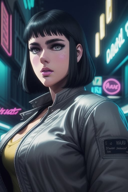 Valmet, a beautiful woman, 26 years old, short black hair, Bob haircut, grey eyes, muscular body, big breasts, ripped abs, wearing the silver "Driver" jacket, black sweater, dark blue jeans, action scene, in the background a night city with neon lights, interactive elements, very detailed, ((Detailed face)), ((Detailed Half body)), silver jacket, Color Booster, valmet,valmet