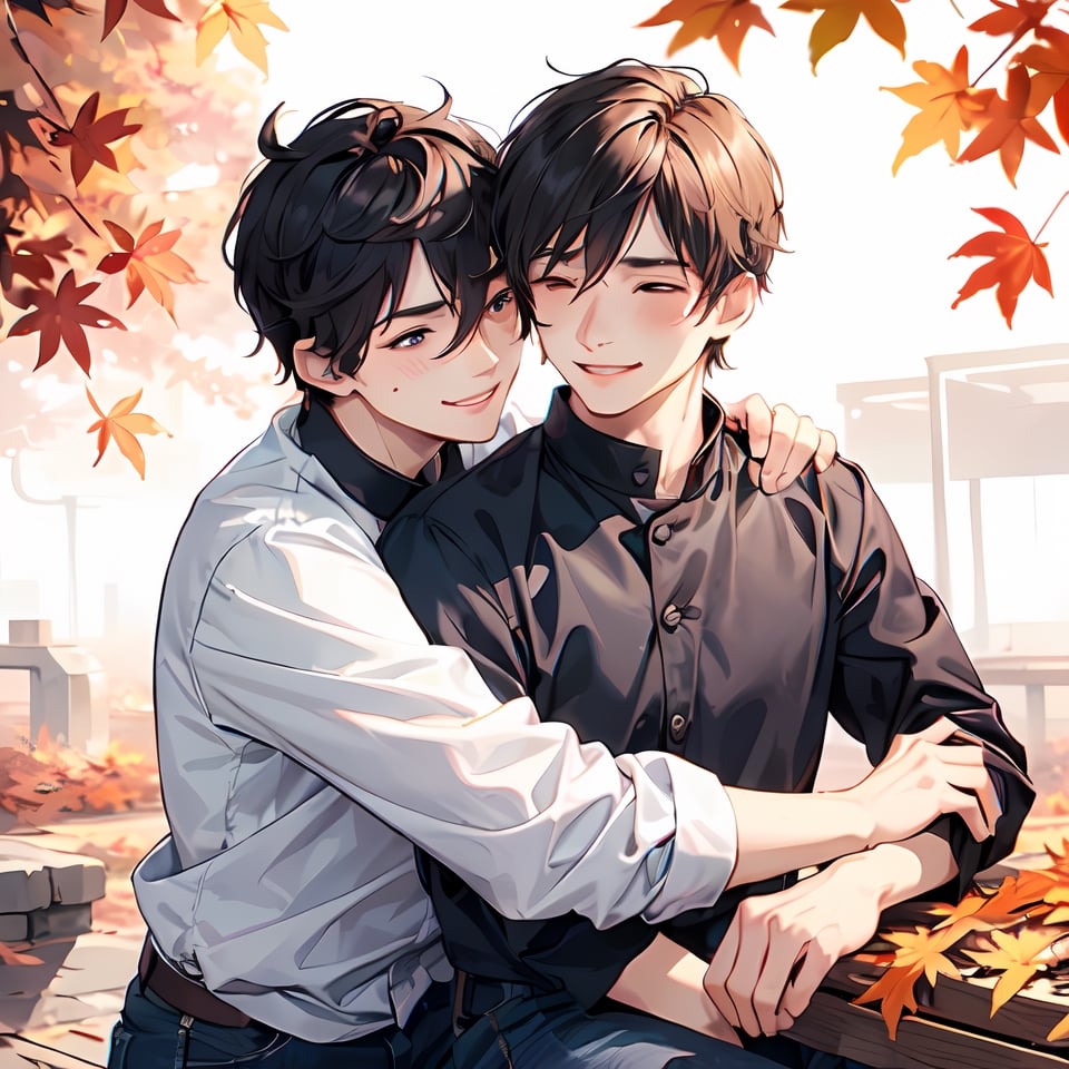 ((two male hugging,male face,male  character)),handsome guy,blush smile,((looking at other)),autumn_leaves, (((best quality))), ((ultra-detailed))