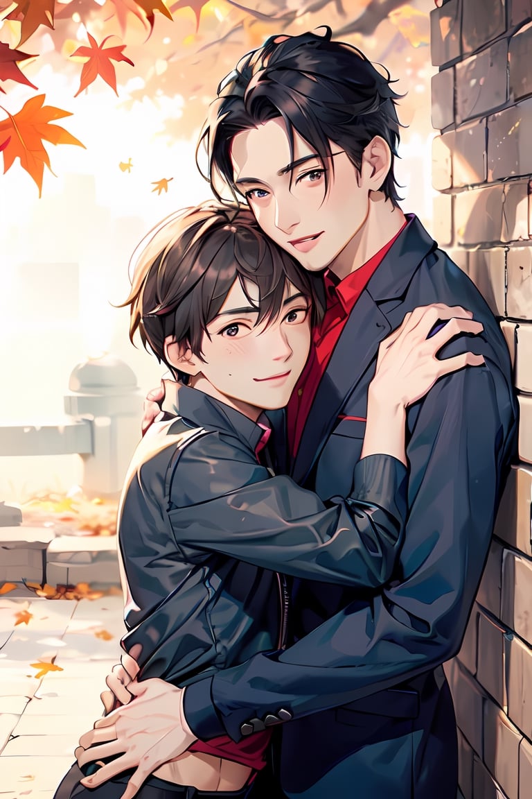 ((two male hugging,male face,male  character)),handsome guy,blush smile,((looking at other)),autumn_leaves, (((best quality))), ((ultra-detailed))