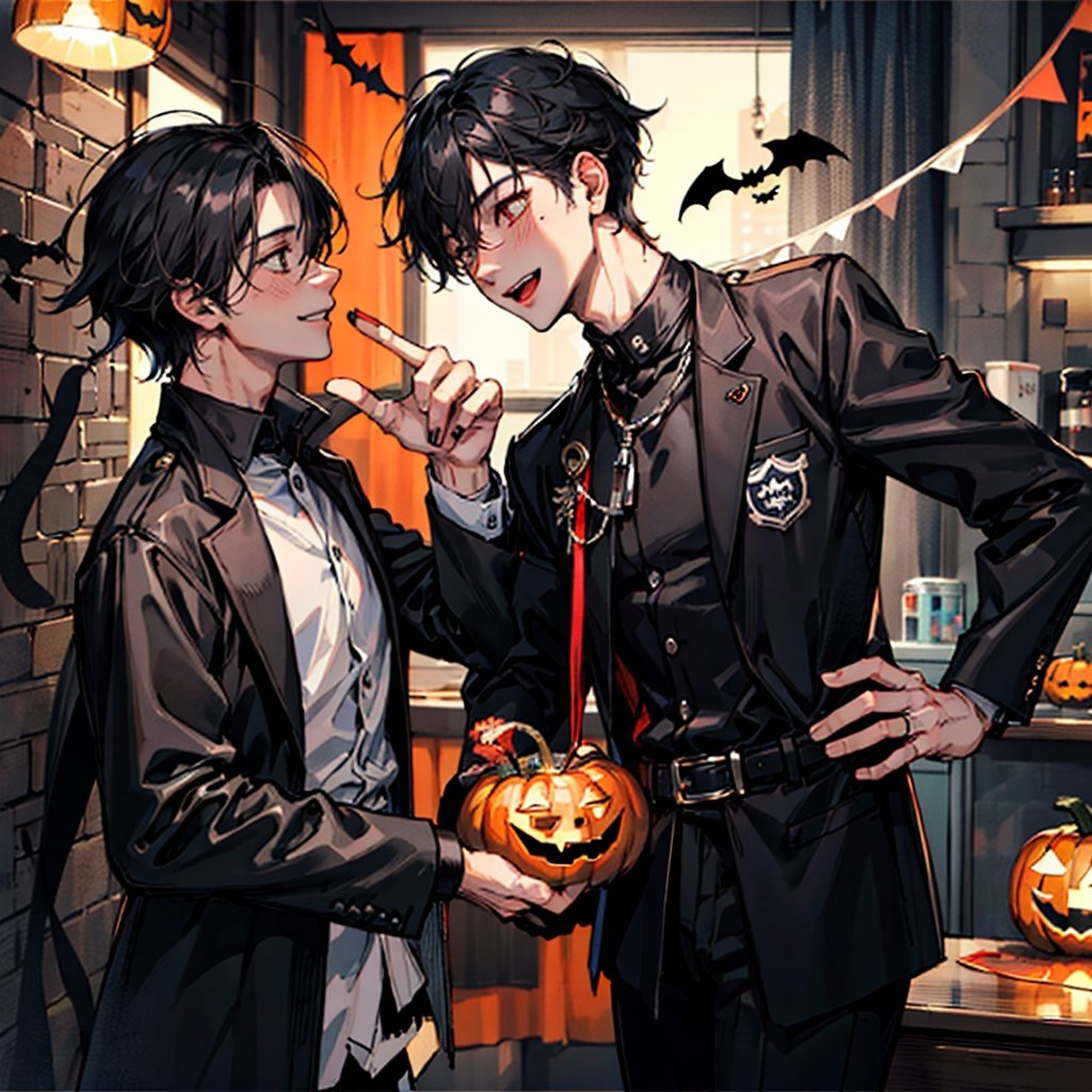 gay male relationship,2male,boy's_love,yaoi,eye contact,smiling,Halloween,black cat,black bat,pumpkin