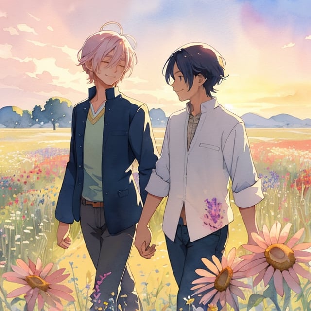 Watercolor illustration of a two male,gay male, walking in a field of wildflowers at sunsetAnime-style portrait of a adult two male with a gentle smile,