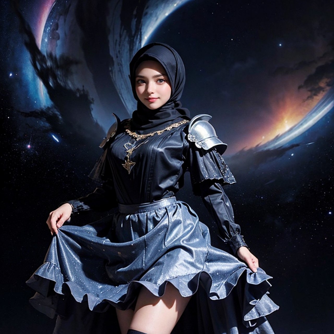 ((masterpiece)), (((best quality))), ((ultra-detailed)), ((illustration)), ((skirt lifted to show pussy)), beautiful detailed eyes, (1girl:1.2),(solo), dynamic angle, A girl wearing knight's armor, (black kneehighs:1.1), (starry tornado:1.4),  starry Nebula,  ((frills)),  beautiful detailed sky,  beautiful detailed eyes, evil smile,  expressionless, pleated skirt showing pussy, 20 years old,hijab