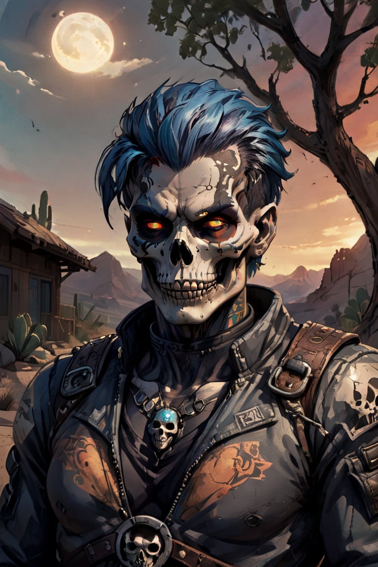 A lone figure stands amidst the arid landscape, standing next to a small adobe casita, bathed in warm desert sunlight. A day of the dead cowboy with vibrant blue hair, glowing blue eyes, and a bold skull tattoo adorns his left cheekbone wears a sleek blue jacket adorned with metal hardware on the shoulders and a black belt around his waist. His gloved hands grasp the edges of his matching pants, which are tucked into combat boots. A fedora hat sits atop his head at an angle, framing his determined gaze as he surveys the cacti-filled terrain ahead.