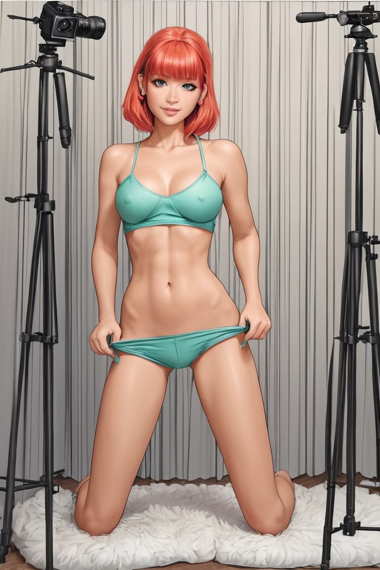 
((sit down)) Charming woman, with pretty freckles and red_light hair in a hairstyle, with shoulders and waist, standing sideways, looking at camera, ((without clothes)), 
legs spread wide
(no background),girl,Ukiyo-e