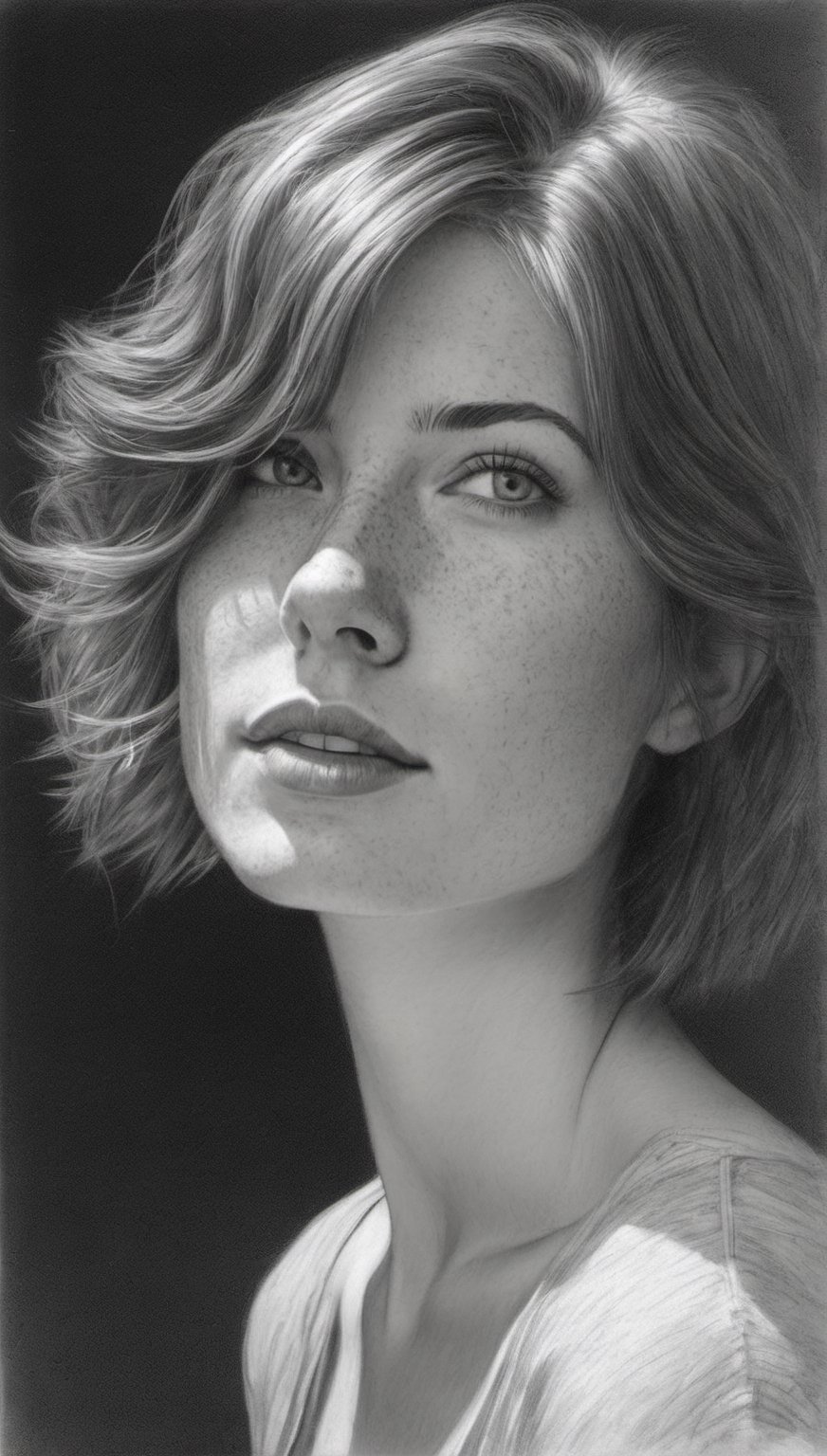 Monochrome, charcoal ((sketch)) of a woman's head and shoulders, detailed face, outlines only for everything else, 

Charming young woman, with pretty freckles and red hair in a short hairstyle, with shoulders and waist, standing sideways, looking at camera,

(no background),sketch