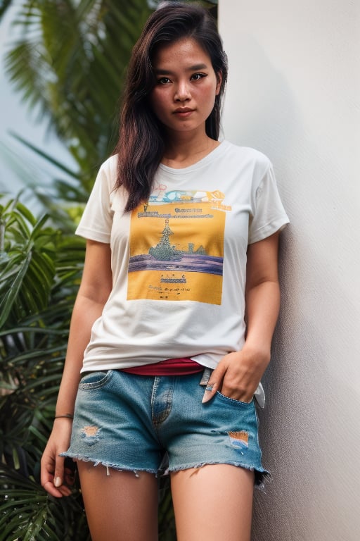 thai girl, 26 years old, shorts, tshirt, (((photorealism:1.4)))