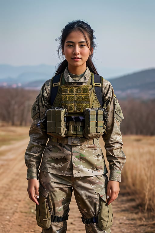 A photorealistic, ultra highly intricate detailed, full-frame image of a stunning 20-year-old Asian woman with bronzed skin, dressed in proper US battle fatigues. She is in an exercise situation, standing confidently with a focused expression. The battle fatigues include a camouflage jacket and pants, with proper military boots, a tactical vest, and a helmet. Her hands are positioned naturally next to her body, fingers relaxed and correctly proportioned. The background depicts an outdoor training ground, with various military equipment and natural terrain. The lighting is natural, enhancing the realistic textures of her uniform and her bronzed skin. The image should be of the best quality, sharp focus, masterpiece, 8k high definition, insanely detailed and intricate.