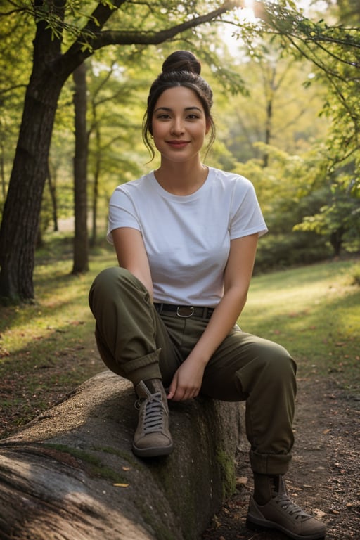 A photorealistic, ultra highly intricate detailed, full-frame image of a stunning 20-year-old Asian woman with bronzed skin, dressed in proper US battle fatigues. She is relaxing in an outdoor setting, sitting with her back against a tree, her legs pulled up comfortably. She is wearing camouflage battle pants, military boots, and a regulatory army t-shirt. Her hair is neatly styled in a regulation bun, even in this relaxed moment. Her expression is calm and at ease, reflecting a moment of rest. The natural lighting enhances the realistic textures of her uniform and her bronzed skin. The background depicts a serene forest environment, with soft sunlight filtering through the trees and casting gentle shadows. The image should be of the best quality, sharp focus, masterpiece, 8k high definition, insanely detailed and intricate.