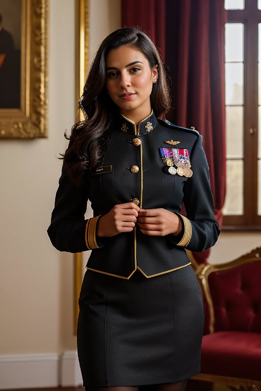 A photorealistic, ultra highly intricate detailed, full-frame image of a stunning young Asisn woman, 20 years old,  standing confidently in a US Army dress uniform. She is wearing a tailored dress uniform jacket with insignia and medals, paired with a neatly fitted pencil skirt that reaches just below the knees. Her posture is poised and professional, exuding confidence and authority. The background is a softly lit, luxurious room, with warm ambient lighting that highlights the fine details of her uniform and the textures of the fabric. Her hair is neatly styled, and her expression is focused and composed, reflecting her disciplined demeanor. The image should be of the best quality, sharp focus, masterpiece, 8k high definition, insanely detailed and intricate.