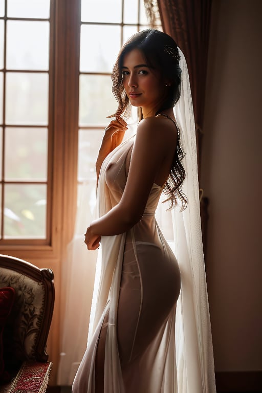 A photorealistic, ultra highly intricate detailed, full-frame side view image of a stunning young Asian woman, 22 years old,  standing gracefully by a large window in a softly lit, luxurious room. She is draped in a sheer, flowing gown that gently caresses her figure, showing natural beauty since she is naked underneath. Her soft, inviting gaze and relaxed posture exude a quiet confidence and sensuality, creating an intimate connection with the viewer. The warm, ambient lighting casts gentle shadows and highlights, enhancing the rich textures of the fabric and the softness of her bronzed skin. The background features sumptuous decor, with plush furnishings and subtle bokeh effects from softly glowing lights. The image should be of the best quality, sharp focus, masterpiece, 8k high definition, insanely detailed and intricate