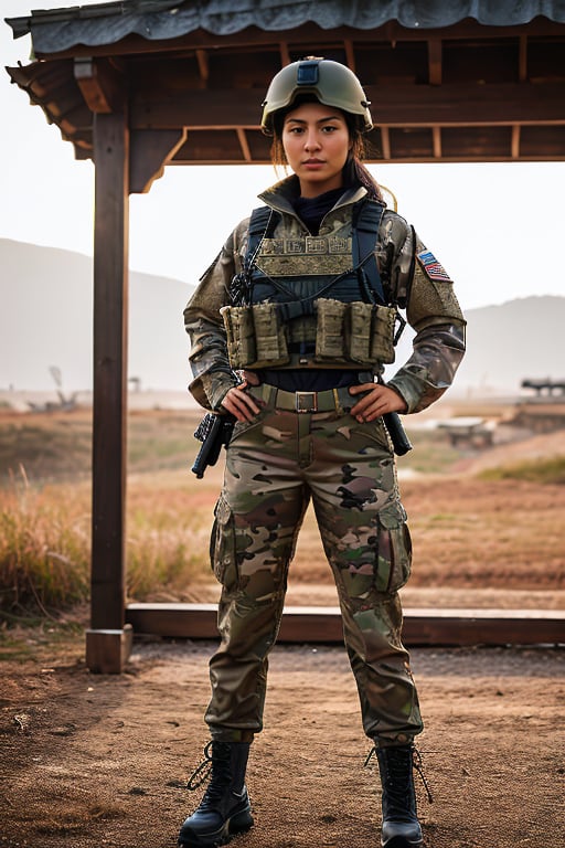 A photorealistic, ultra highly intricate detailed, full-frame image of a stunning 20-year-old Asian woman with bronzed skin, dressed in proper US battle fatigues. She is in an exercise situation, standing confidently with a focused expression. The battle fatigues include a camouflage jacket and pants, with proper military boots, a tactical vest, and a helmet. Her hands are positioned naturally next to her body, fingers relaxed and correctly proportioned. The background depicts an outdoor training ground, with various military equipment and natural terrain. The lighting is natural, enhancing the realistic textures of her uniform and her bronzed skin. The image should be of the best quality, sharp focus, masterpiece, 8k high definition, insanely detailed and intricate.