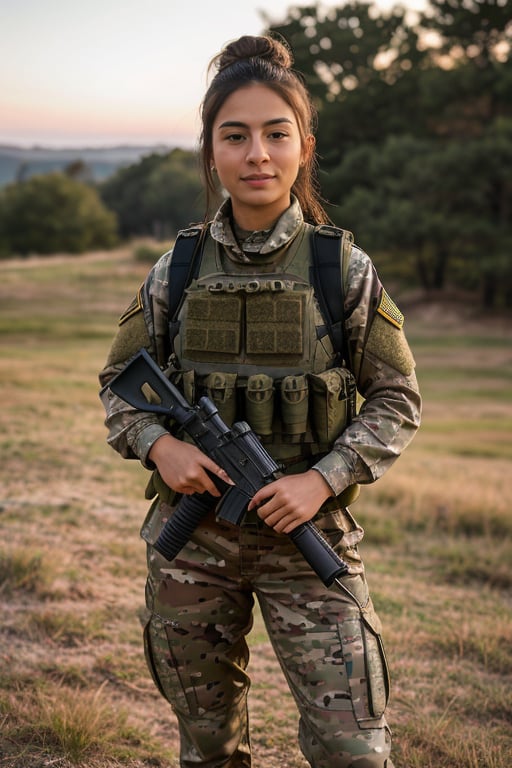 A photorealistic, ultra highly intricate detailed, full-frame image of a stunning 20-year-old Asian woman with bronzed skin, dressed in proper US battle fatigues. She is in an exercise situation, standing confidently with a focused expression. Her hair is neatly styled in a regulation bun. The battle fatigues include a camouflage jacket and pants, with proper military boots, a tactical vest, and a helmet. Her hands are positioned naturally next to her body, fingers relaxed and correctly proportioned. The background depicts an outdoor training ground, with various military equipment and natural terrain. The lighting is natural, enhancing the realistic textures of her uniform and her bronzed skin. The image should be of the best quality, sharp focus, masterpiece, 8k high definition, insanely detailed and intricate.