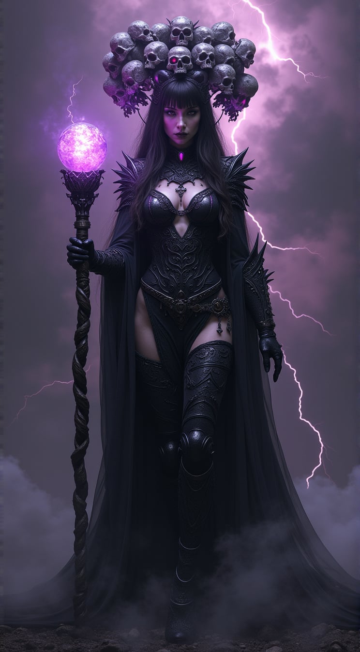 In a dark fantasy realm, the central female figure stands as a powerful sorceress. She is draped in an intricate black cutout bodysuit, adorned with elaborate gothic jewelry that shimmers ominously. Her armor is forged from shadow and steel, blending seamlessly with her form. A halo of skulls, each with faintly glowing eyes, encircles her head, casting eerie shadows across her face. In her right hand, she clutches a glowing orb pulsating with arcane energy, its light illuminating the swirling patterns etched into her armor. In her left hand, she grips a twisted staff, its surface carved with ancient runes that seem to shift and change as the staff hums with dark power. The backdrop is a dense, purple haze, swirling with dark clouds that crackle with distant lightning. Wisps of fog coil around her feet, merging with the shadows that extend from her form. The atmosphere is charged with an otherworldly energy, as if the very air is alive with ancient magic. The overall tone of the image is one of dark fantasy, mystery, and awe-inspiring power, evoking a sense of a forgotten era where magic and darkness ruled.