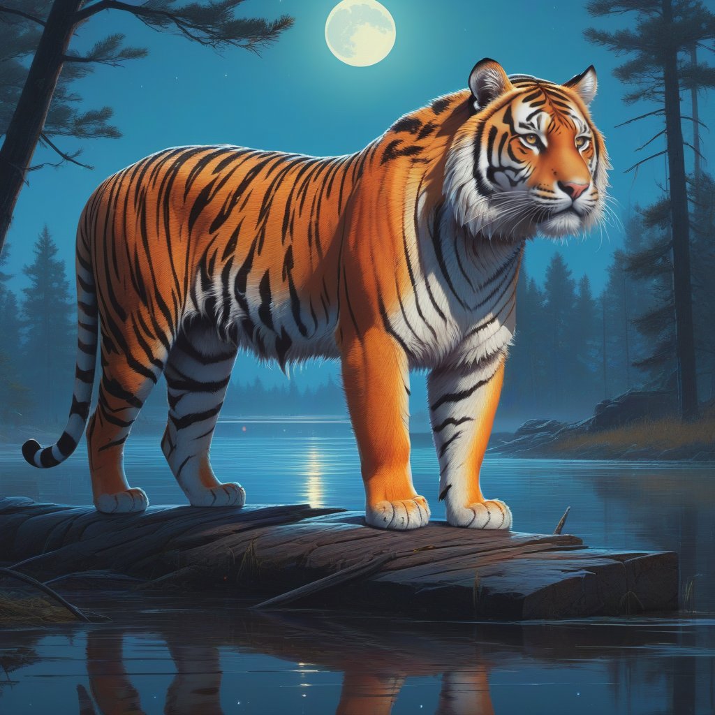 Detailed fine art print of a (Beautiful Tiger,  fluffy) standing in a moonlit beam,  professional sinister concept art by...