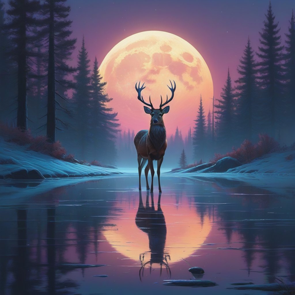 Detailed fine art print of a (Beautiful Deer,  fluffy) standing in a moonlit beam,  professional sinister concept art by M...