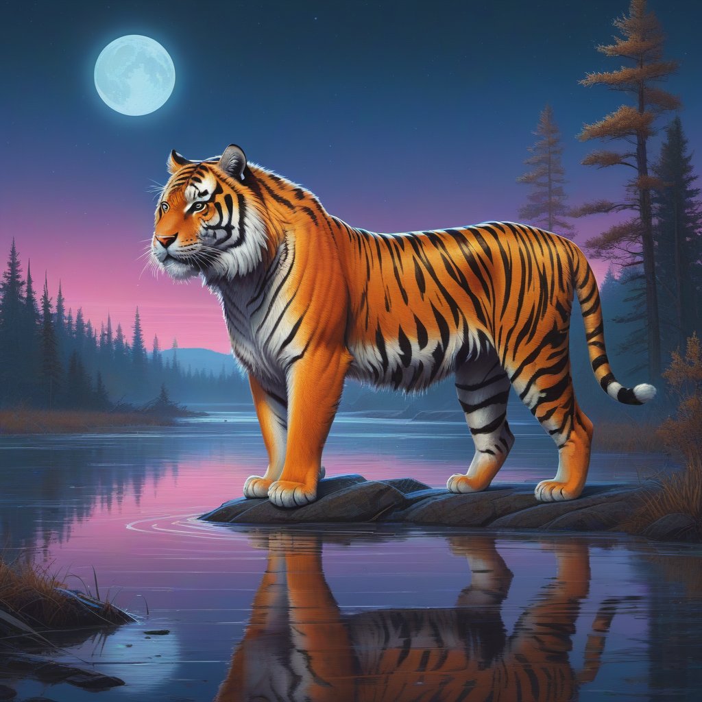 Detailed fine art print of a (Beautiful Tiger,  fluffy) standing in a moonlit beam in the distance,  professional sinister...