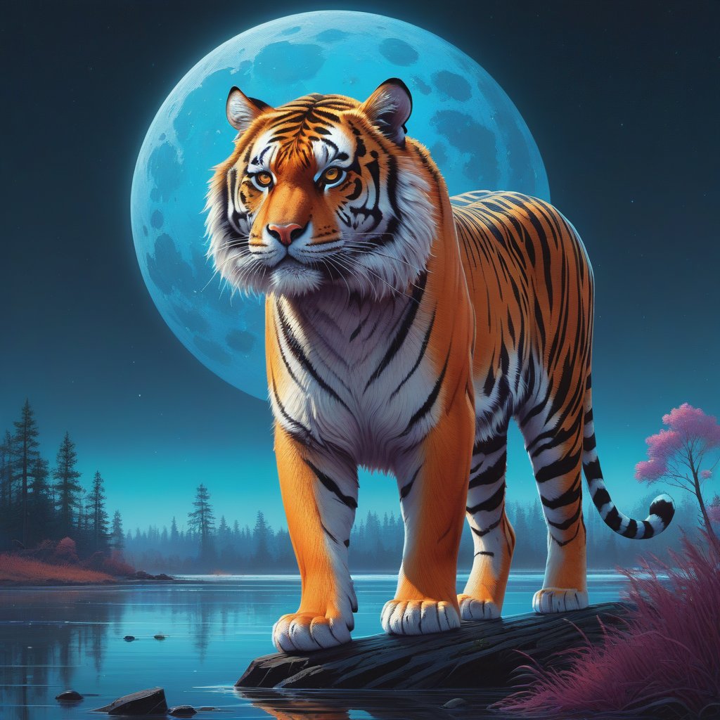 Detailed fine art print of a (Beautiful Tiger,  fluffy) standing in a moonlit beam,  professional sinister concept art by...