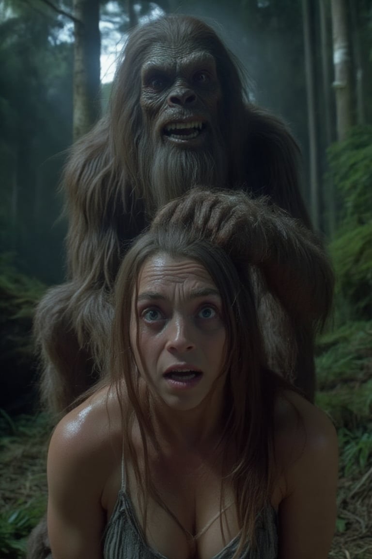 Establishing Shot: A wide shot that sets the scene and context. Two-Shot: A shot featuring two characters interacting.Low-Key Lighting, in a forest at night, lit by the moon, eerie fog, A high-quality, hyper-realistic photograph of a 25-year-old girl with brown hair and blue eyes, chubby, her body tense with fear, her back arched slightly, revealing the outline of her chest. Her face is contorted in a silent scream, Desolate eyes wide with terror. She is on all fours, her posture strained as if resisting a force. (her eyes crossed:1.7, pupils pointing towards her nose),  A towering, 8-foot-tall lustful Sasquatch squats behind her. he is humping her like a dog, he has long and shaggy fur, with a prehistoric face. He is smiling with satisfaction. The lustful Sasquatch's hand grips the top of her head, pulling her backward with a menacing force, its predatory focus fixed on her, his head tilted back howling in excitement, . The lighting is dark and eerie, casting deep shadows highlighting the woman’s expression of raw fear and the lustful Sasquatch's monstrous presence. The scene is captured with dramatic, cinematic lighting, emphasizing the terror and struggle between the two figures. dutch-angle, capturing the tense dynamic, and unsettling atmosphere, aimed at evoking dread intensity and arousal for mature horror audiences. visible action pose,fmlorgsm